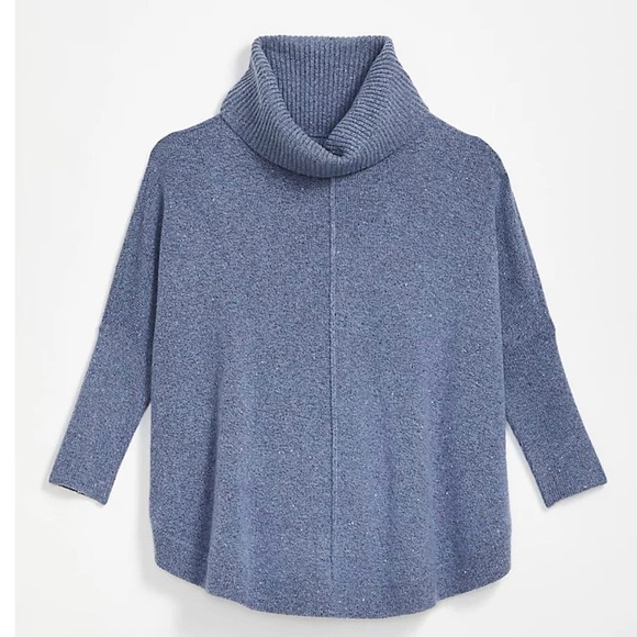 LOFT Blue/Gray Flecked Shirttail Plush Poncho Turtleneck Pullover Sweater M - Picture 1 of 5